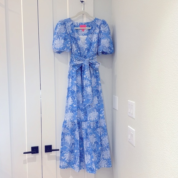 Lilly Pulitzer Ezralyn Short Sleeve Cotton Maxi Dress Boca Blue Croc - Picture 5 of 7